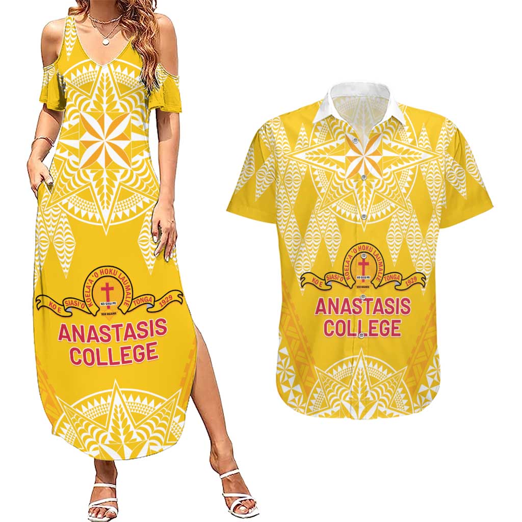 Personalised Anastasis College Couples Matching Summer Maxi Dress and Hawaiian Shirt Tonga Ngatu Pattern LT05 Yellow - Polynesian Pride