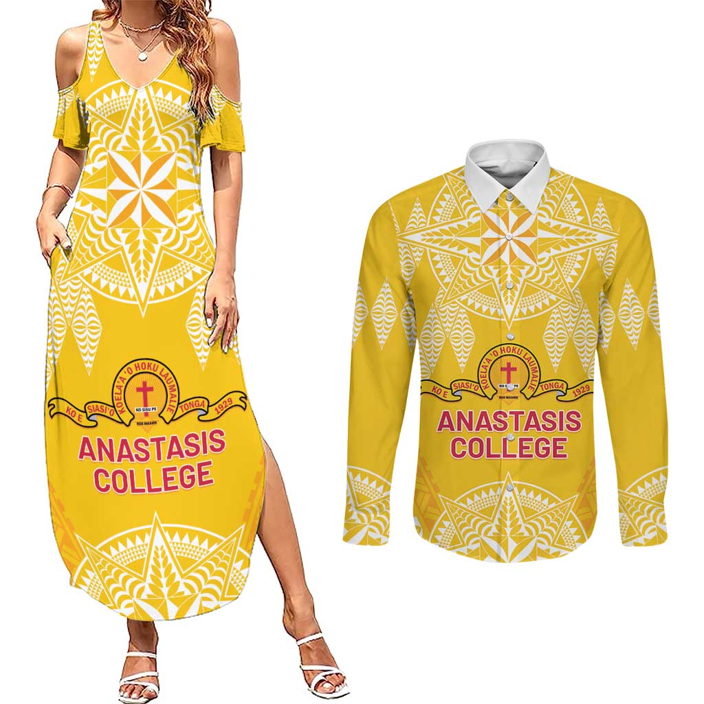 Personalised Anastasis College Couples Matching Summer Maxi Dress and Long Sleeve Button Shirt Tonga Ngatu Pattern LT05 Yellow - Polynesian Pride