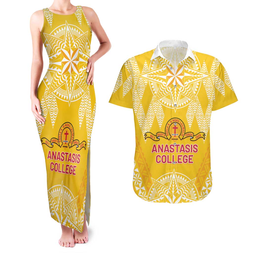 Personalised Anastasis College Couples Matching Tank Maxi Dress and Hawaiian Shirt Tonga Ngatu Pattern LT05 Yellow - Polynesian Pride