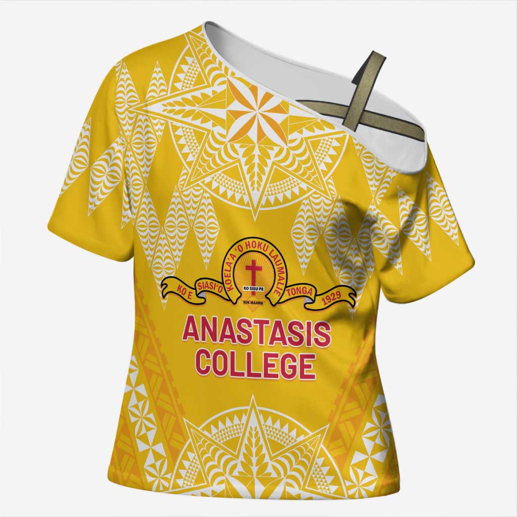 Personalised Anastasis College Cross Shoulder Shirt Tonga Ngatu Pattern LT05 Female Yellow - Polynesian Pride