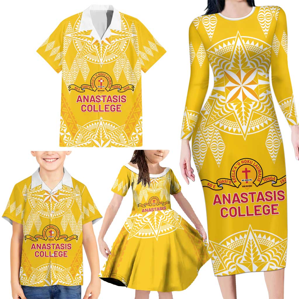 Personalised Anastasis College Family Matching Long Sleeve Bodycon Dress and Hawaiian Shirt Tonga Ngatu Pattern - Polynesian Pride