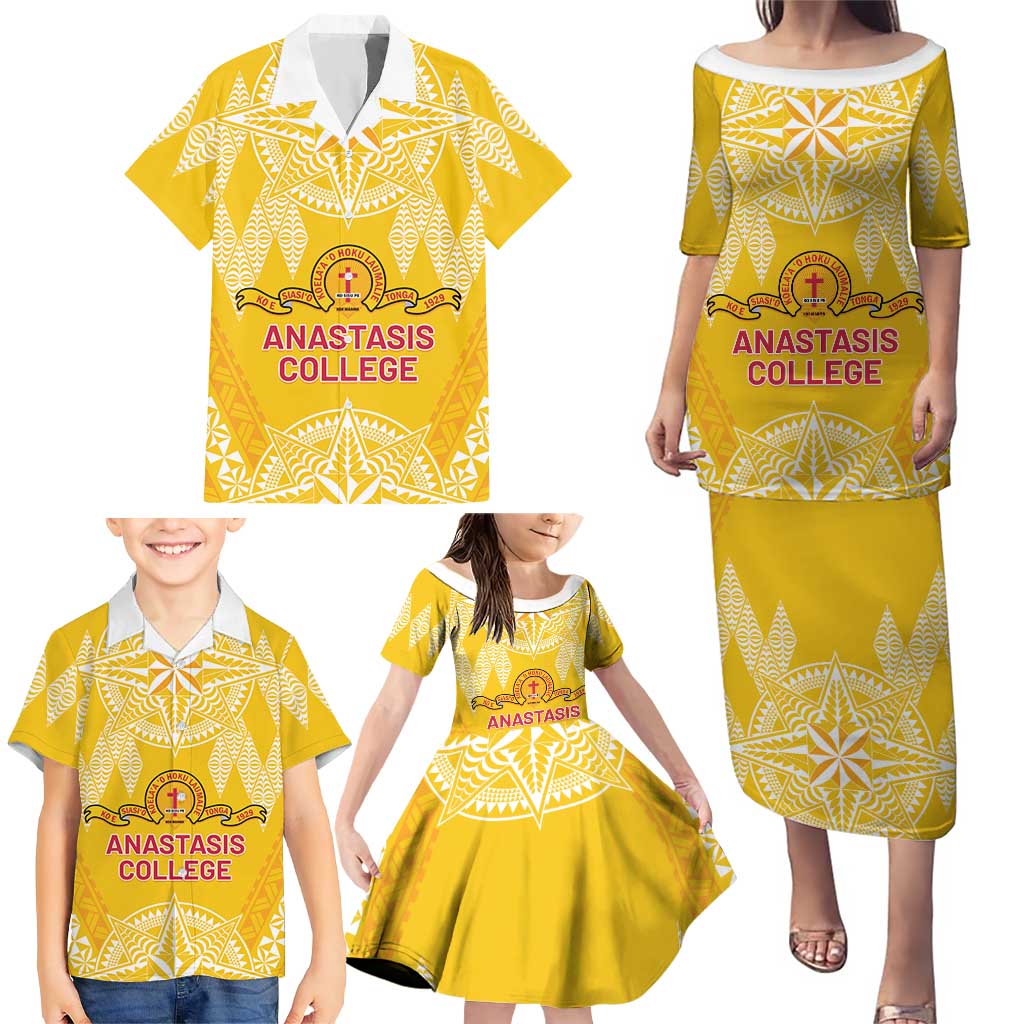 Personalised Anastasis College Family Matching Puletasi and Hawaiian Shirt Tonga Ngatu Pattern - Polynesian Pride