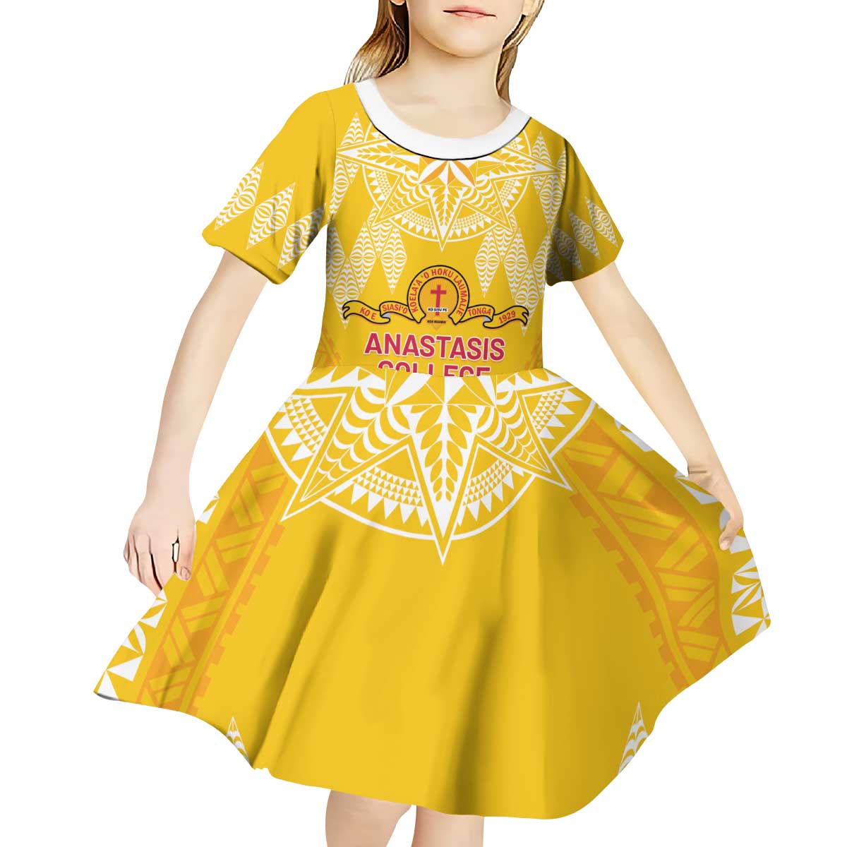 Personalised Anastasis College Kid Short Sleeve Dress Tonga Ngatu Pattern - Polynesian Pride