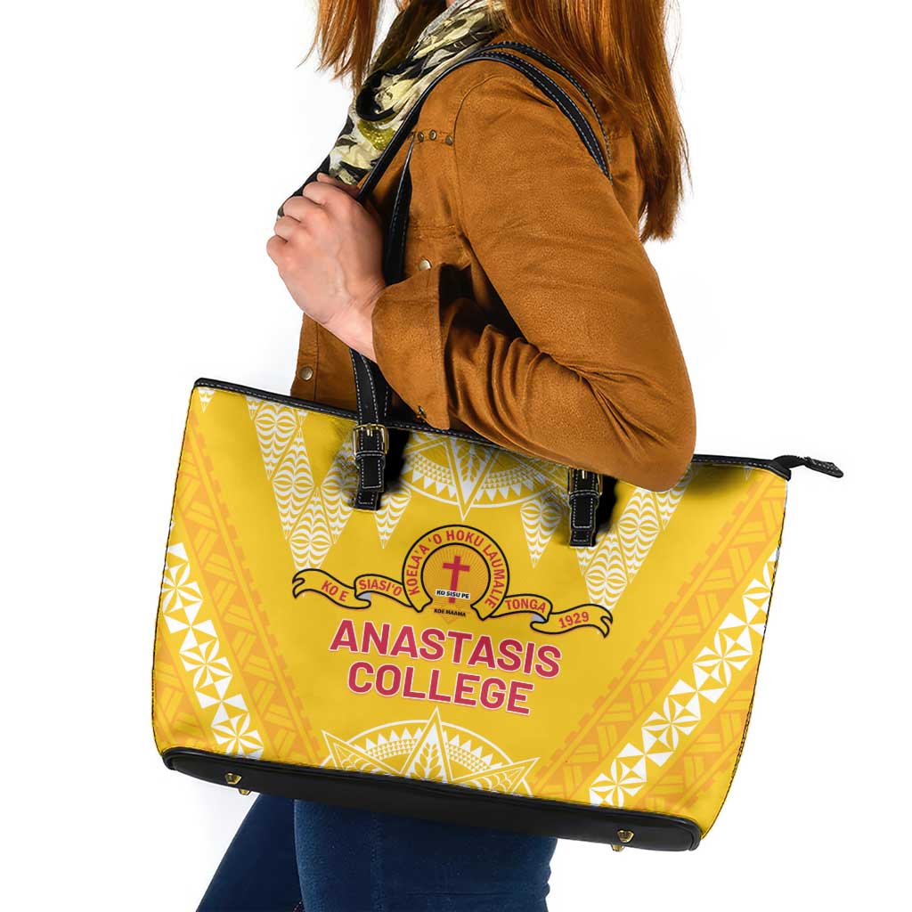 Anastasis College Leather Tote Bag Tonga Ngatu Pattern LT05 Yellow - Polynesian Pride