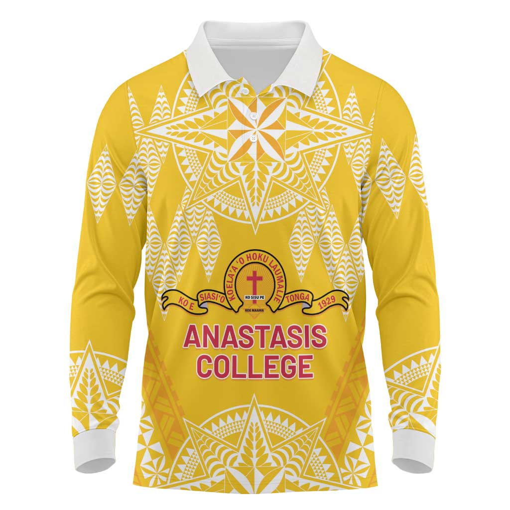 Personalised Anastasis College Long Sleeve Polo Shirt Tonga Ngatu Pattern LT05 Yellow - Polynesian Pride
