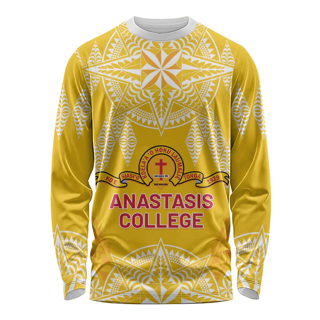Personalised Anastasis College Long Sleeve Shirt Tonga Ngatu Pattern LT05 Unisex Yellow - Polynesian Pride