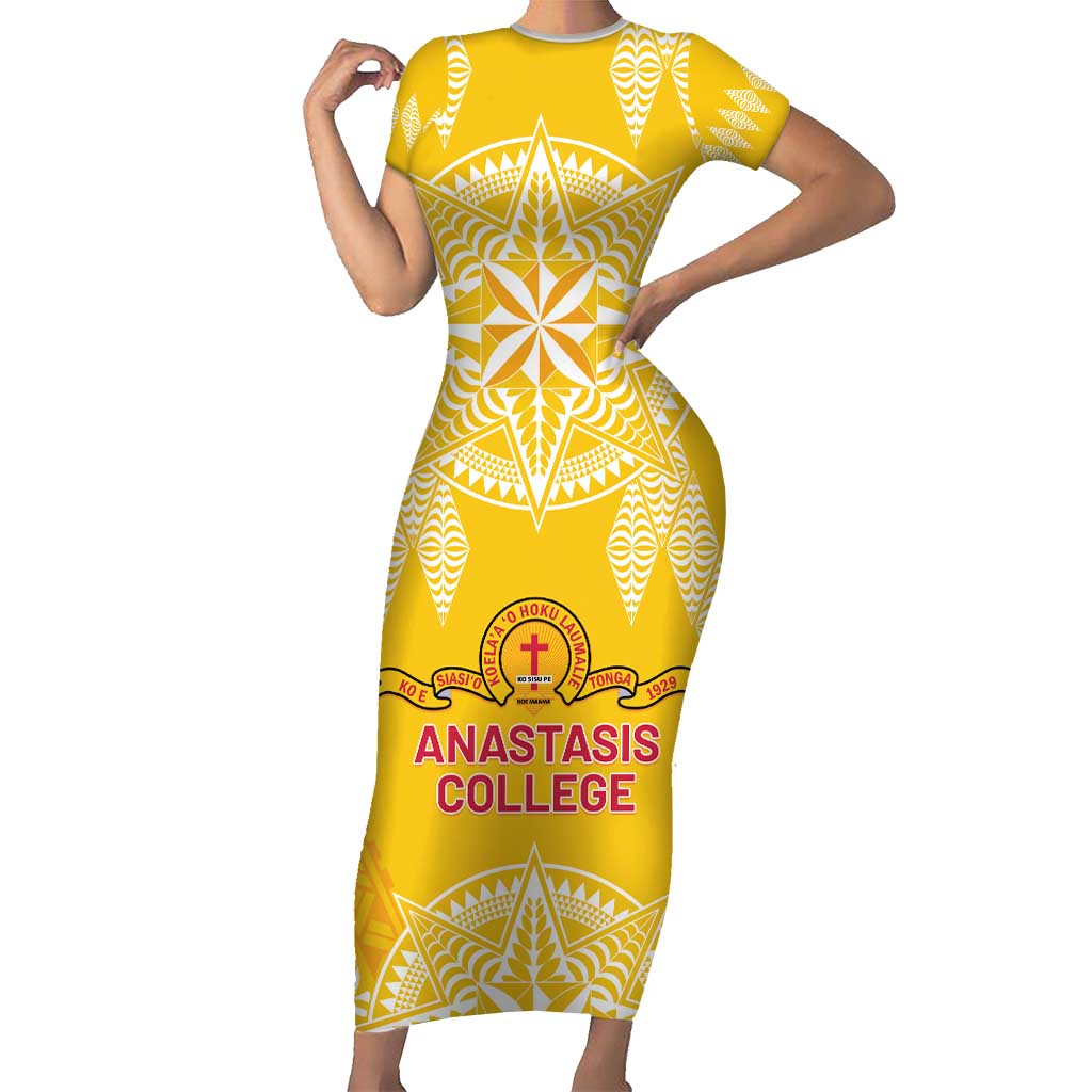 Personalised Anastasis College Short Sleeve Bodycon Dress Tonga Ngatu Pattern - Polynesian Pride