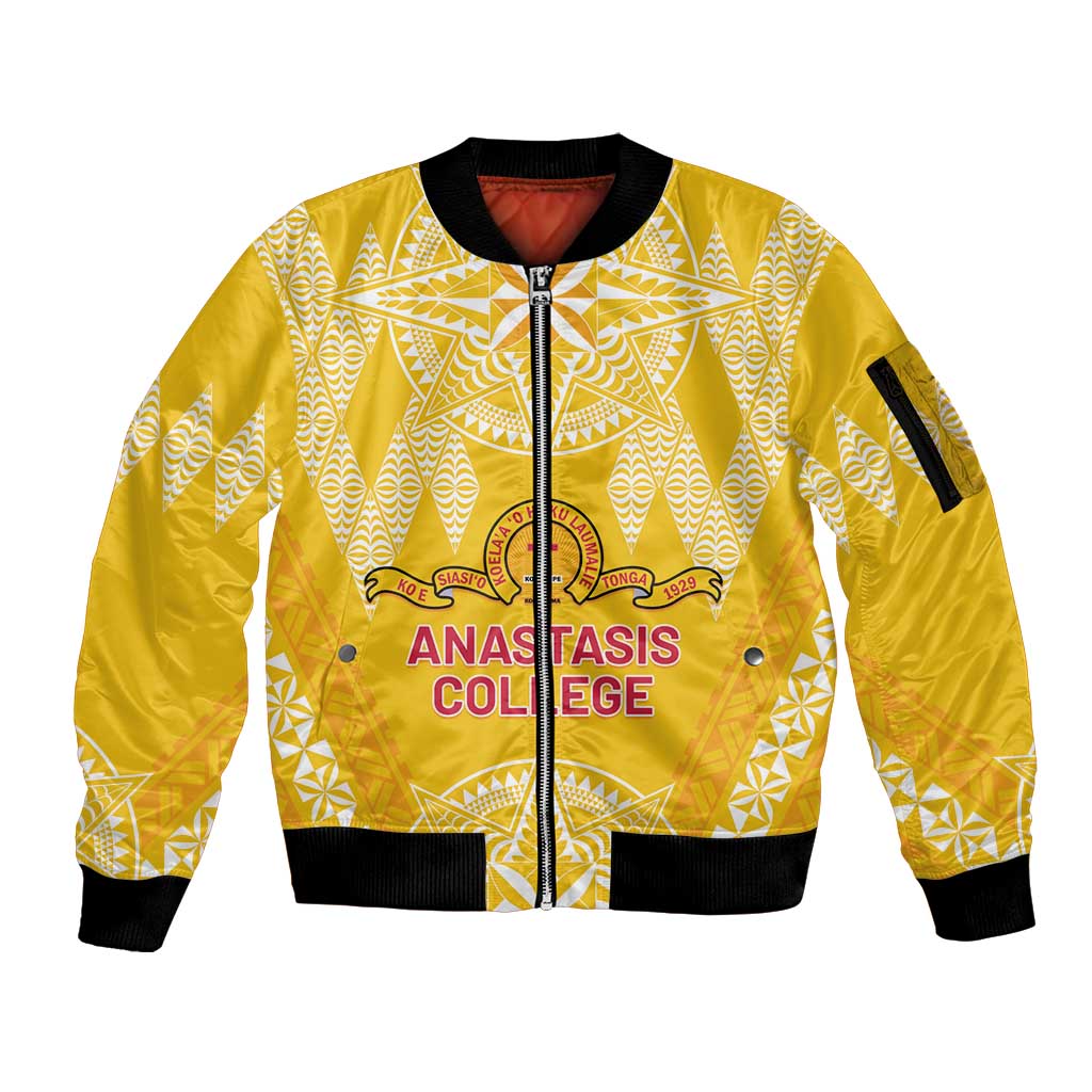 Personalised Anastasis College Sleeve Zip Bomber Jacket Tonga Ngatu Pattern LT05 Unisex Yellow - Polynesian Pride