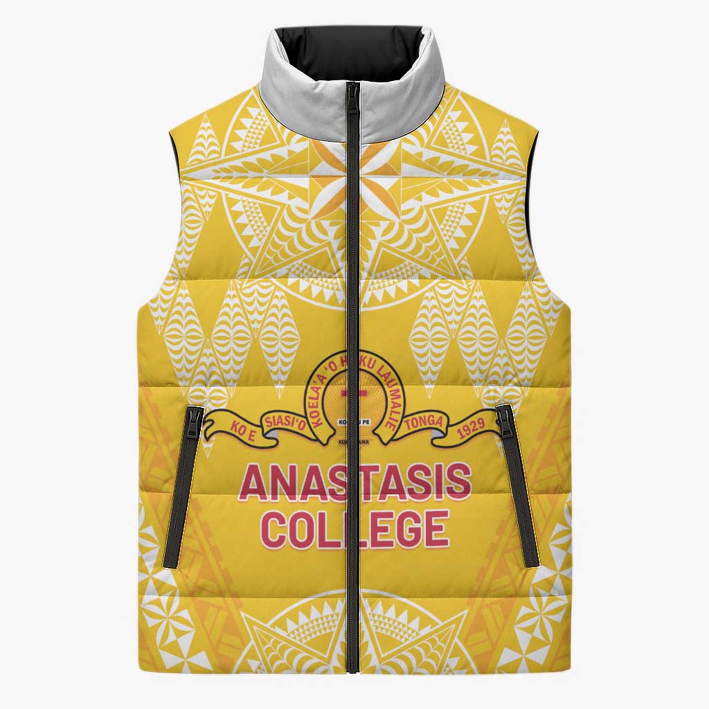 Personalised Anastasis College Sleeveless Puffer Jacket Tonga Ngatu Pattern LT05 Unisex Yellow - Polynesian Pride
