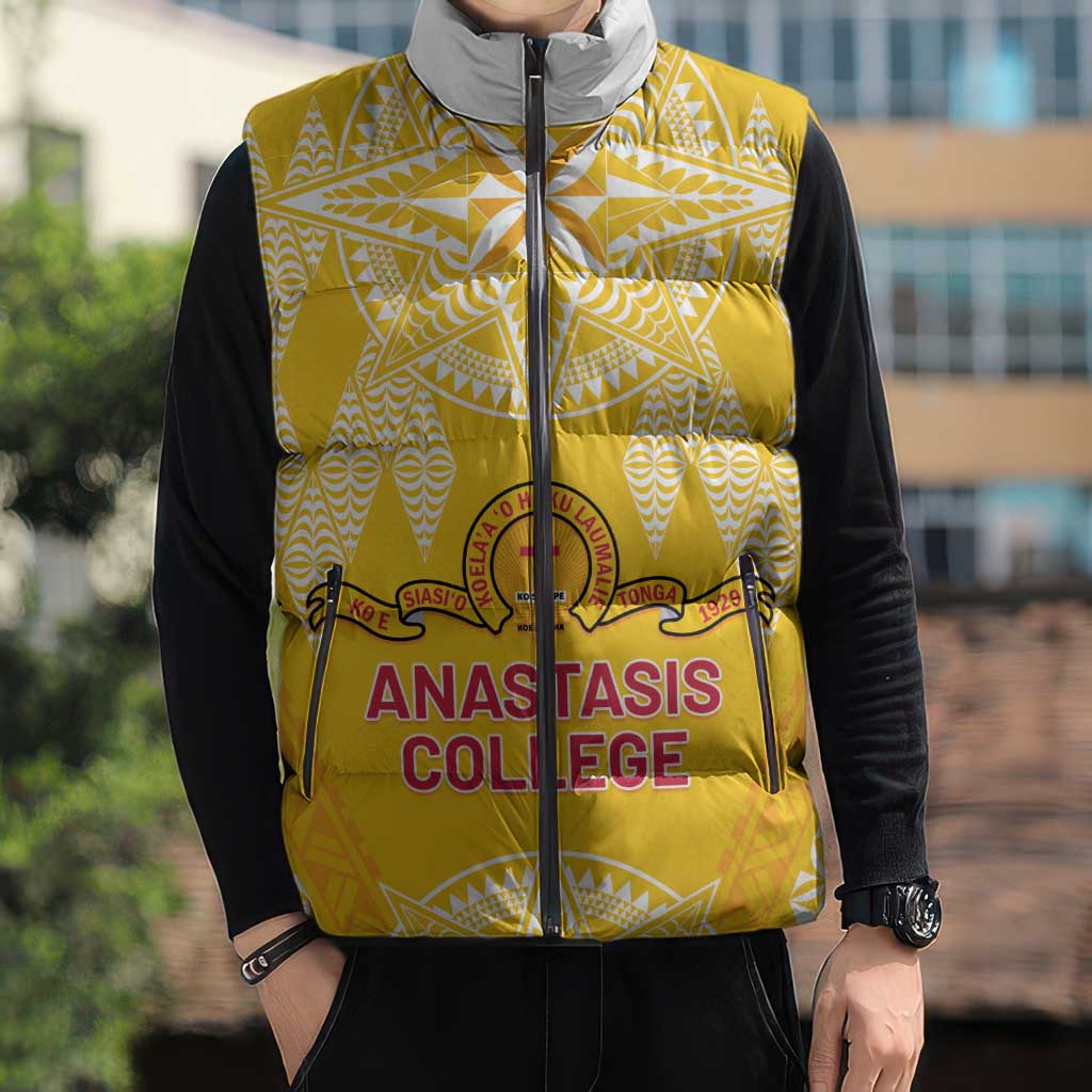 Personalised Anastasis College Sleeveless Puffer Jacket Tonga Ngatu Pattern - Polynesian Pride
