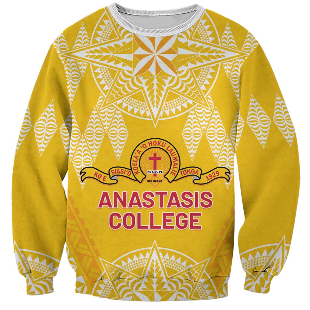 Personalised Anastasis College Sweatshirt Tonga Ngatu Pattern LT05 Unisex Yellow - Polynesian Pride