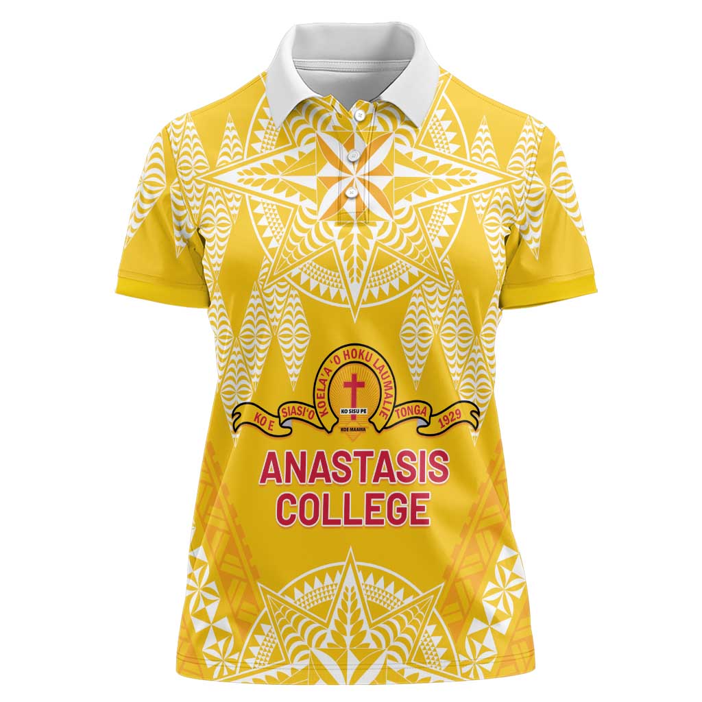 Personalised Anastasis College Women Polo Shirt Tonga Ngatu Pattern LT05 Female Yellow - Polynesian Pride