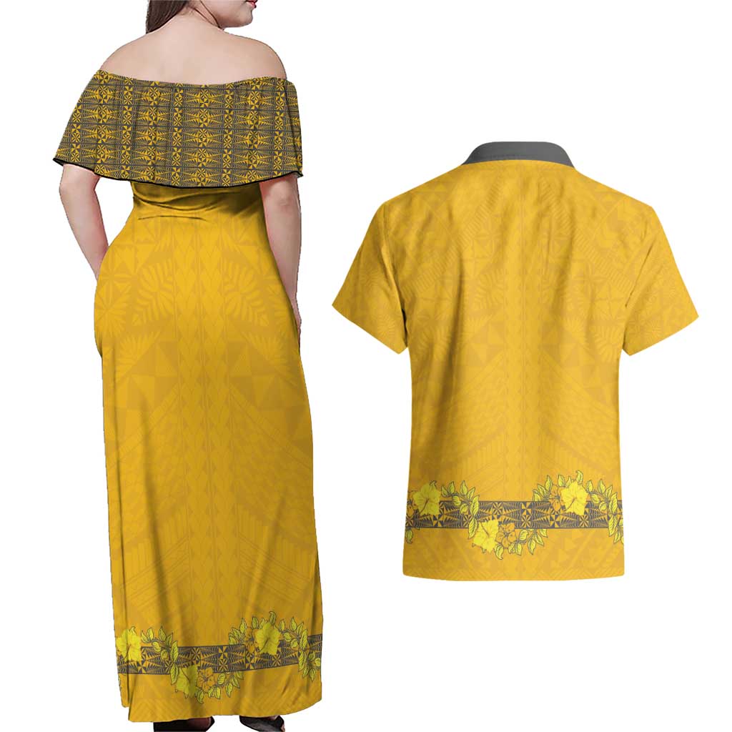 Tonga Anastasis College Couples Matching Off Shoulder Maxi Dress and Hawaiian Shirt Tongan Ngatu Kupesi Pattern - Polynesian Pride