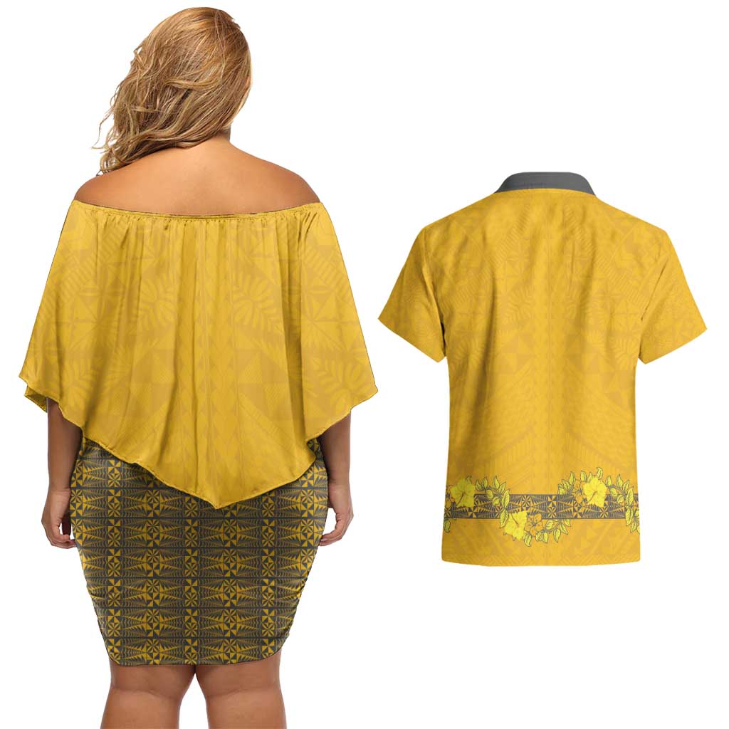 Tonga Anastasis College Couples Matching Off Shoulder Short Dress and Hawaiian Shirt Tongan Ngatu Kupesi Pattern - Polynesian Pride