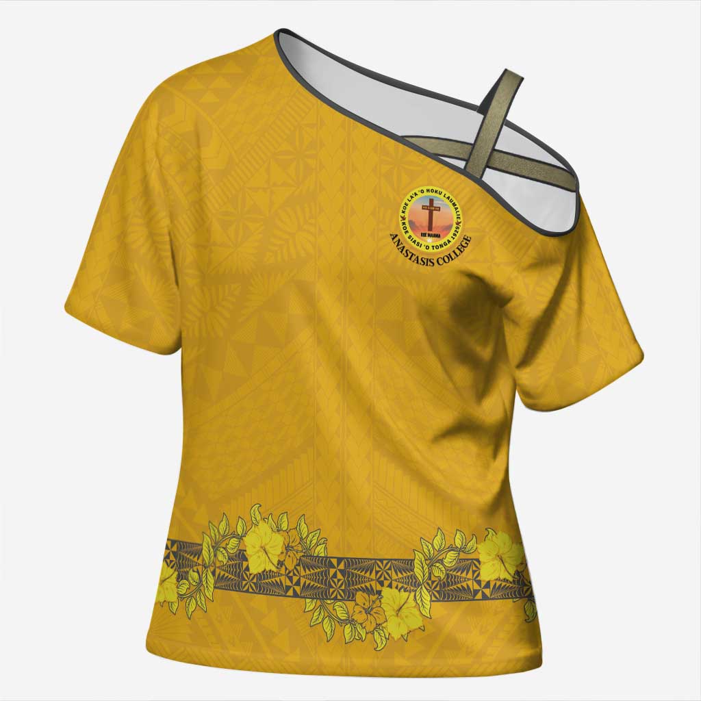 Tonga Anastasis College Cross Shoulder Shirt Tongan Ngatu Kupesi Pattern LT05 Female Yellow - Polynesian Pride