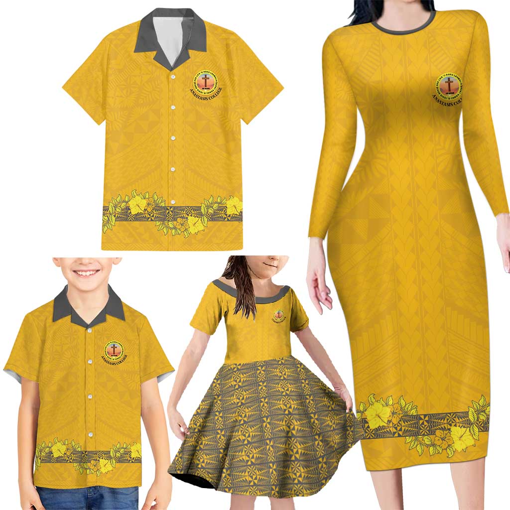 Tonga Anastasis College Family Matching Long Sleeve Bodycon Dress and Hawaiian Shirt Tongan Ngatu Kupesi Pattern - Polynesian Pride
