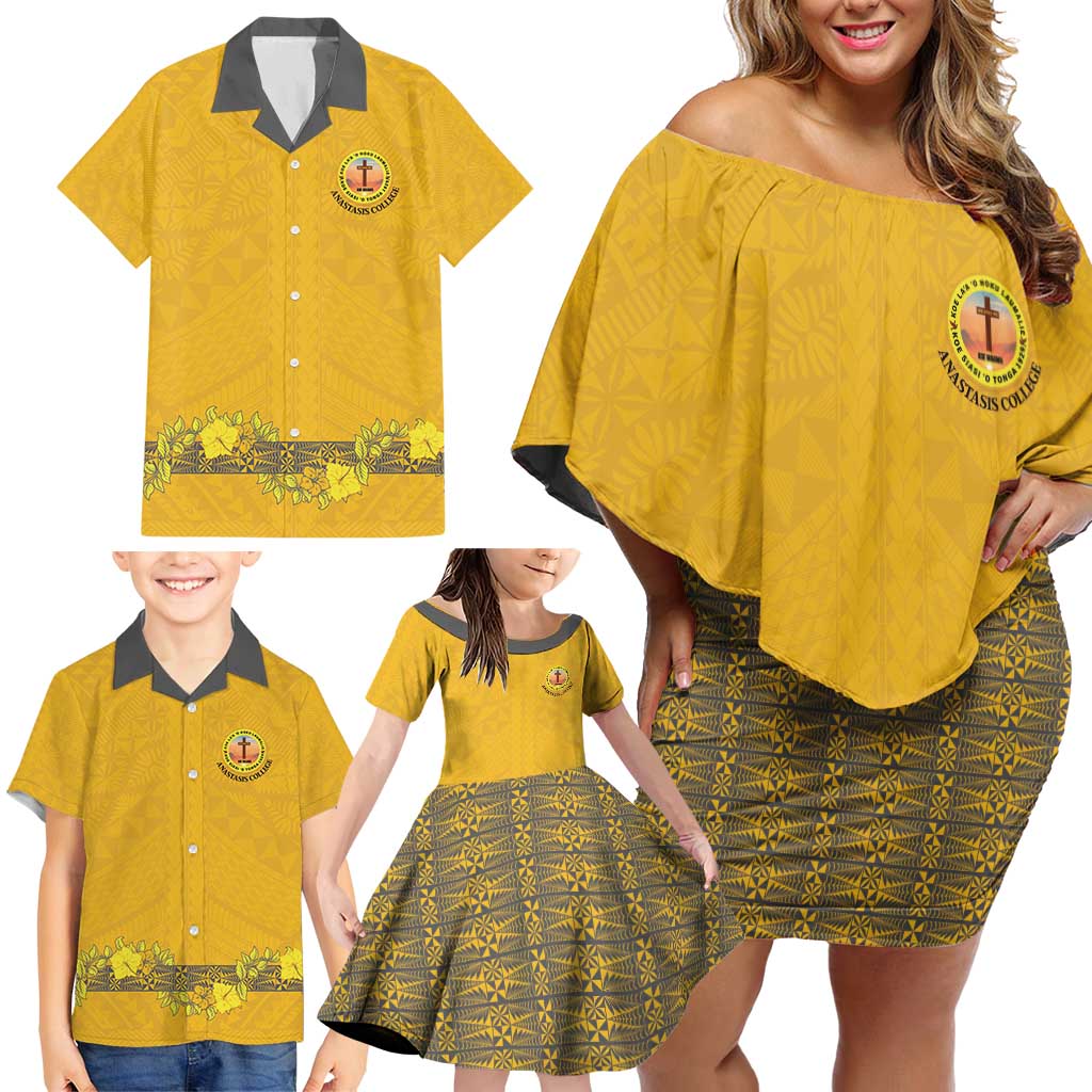 Tonga Anastasis College Family Matching Off Shoulder Short Dress and Hawaiian Shirt Tongan Ngatu Kupesi Pattern - Polynesian Pride