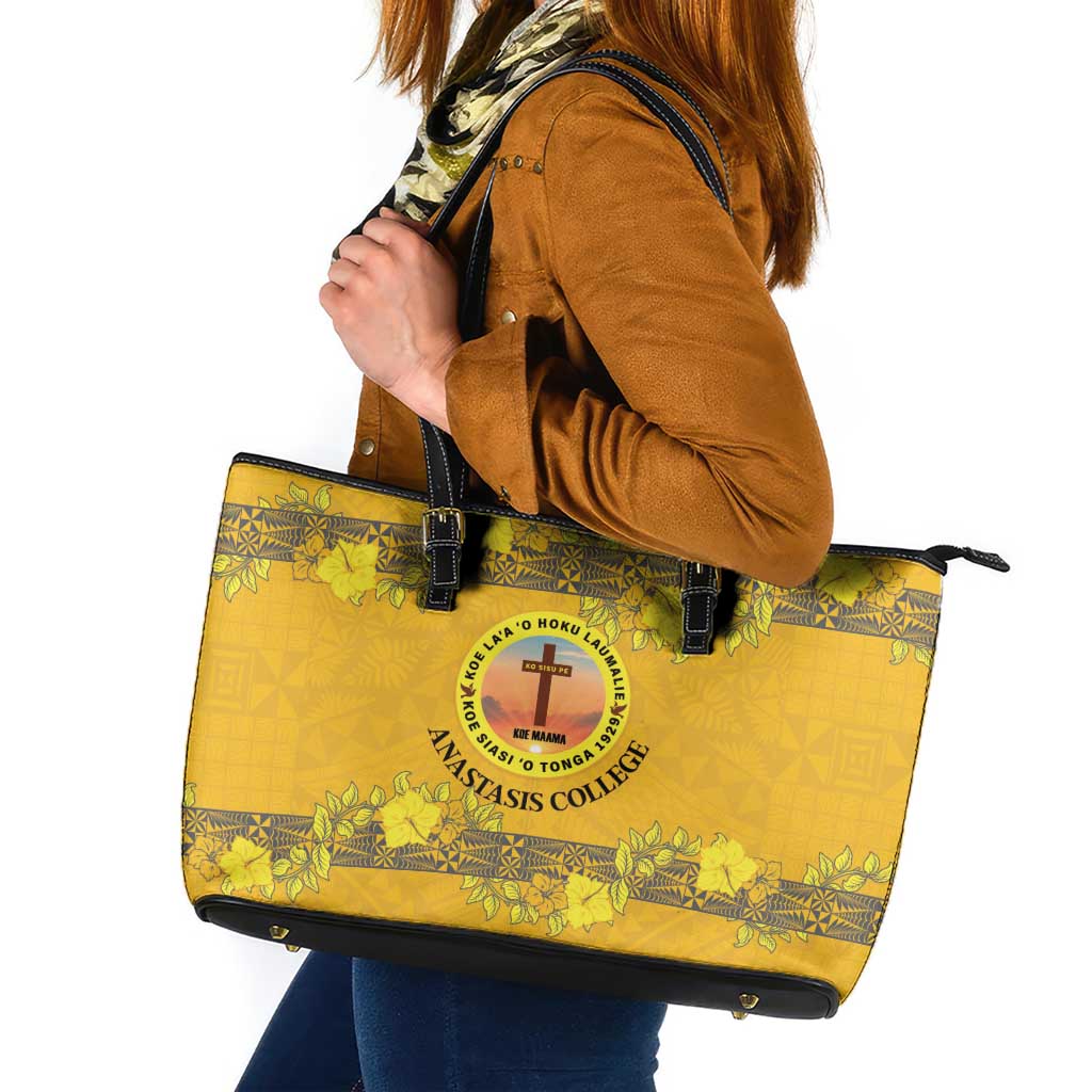 Tonga Anastasis College Leather Tote Bag Tongan Ngatu Kupesi Pattern LT05 Yellow - Polynesian Pride
