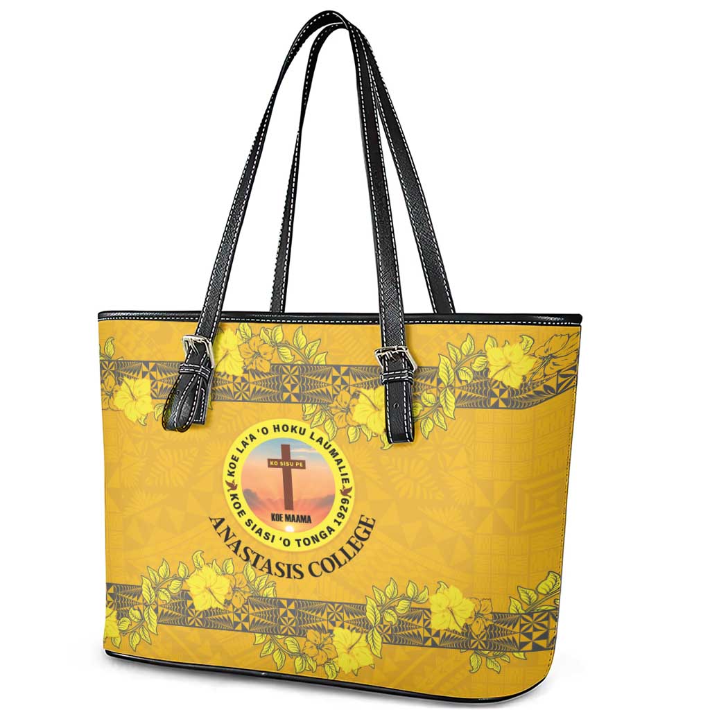 Tonga Anastasis College Leather Tote Bag Tongan Ngatu Kupesi Pattern - Polynesian Pride