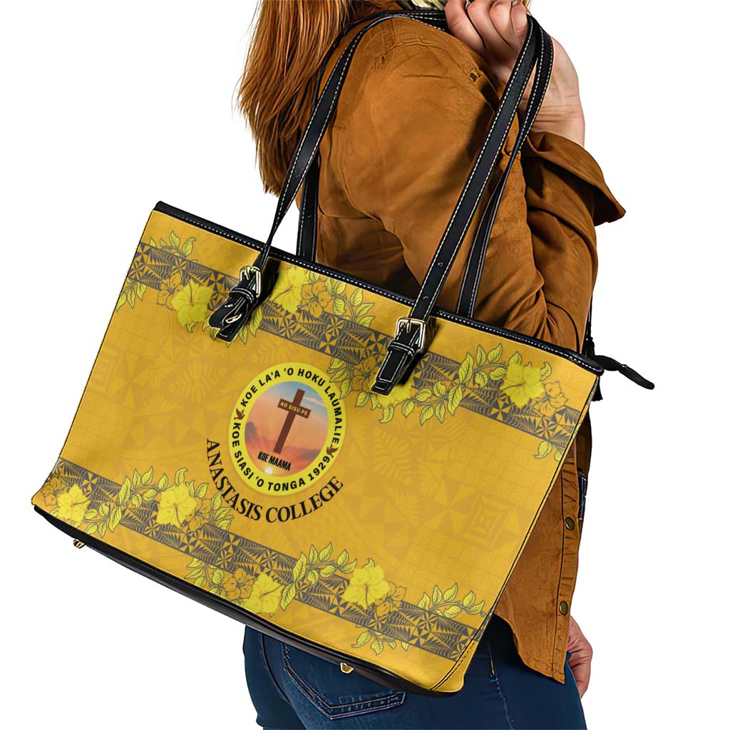 Tonga Anastasis College Leather Tote Bag Tongan Ngatu Kupesi Pattern - Polynesian Pride