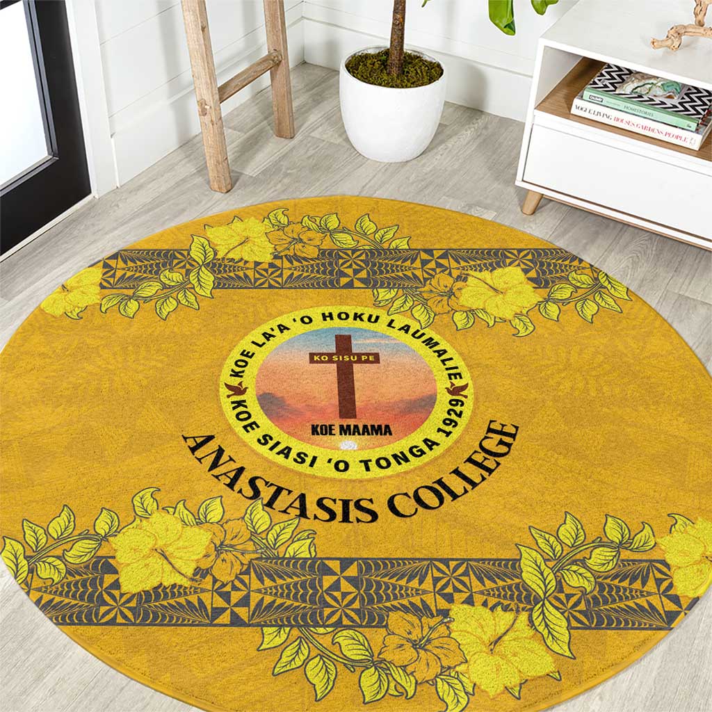 Tonga Anastasis College Round Carpet Tongan Ngatu Kupesi Pattern LT05 Yellow - Polynesian Pride