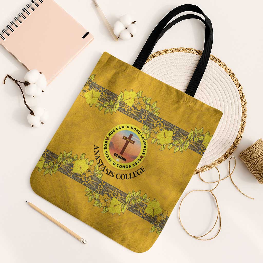Tonga Anastasis College Tote Bag Tongan Ngatu Kupesi Pattern LT05 Black Strap One Size Yellow - Polynesian Pride