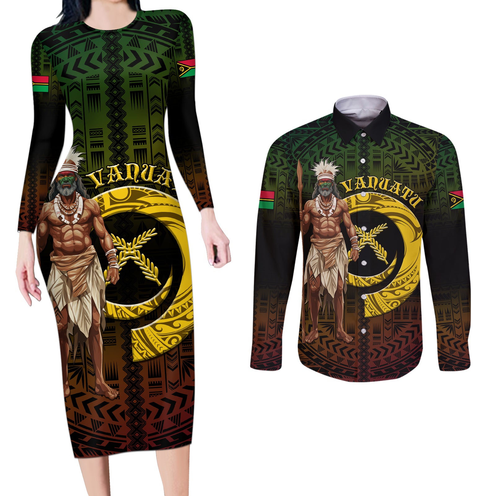 Personalised Vanuatu Custom Chiefs Day Couples Matching Long Sleeve Bodycon Dress and Long Sleeve Button Shirt Pig Tusk Simple Style LT05 Black - Polynesian Pride