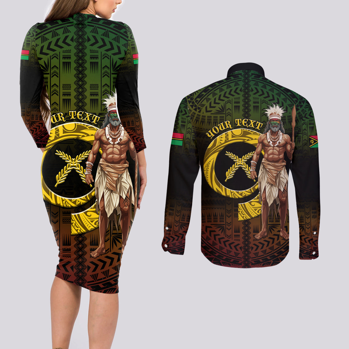 Personalised Vanuatu Custom Chiefs Day Couples Matching Long Sleeve Bodycon Dress and Long Sleeve Button Shirt Pig Tusk Simple Style LT05 - Polynesian Pride