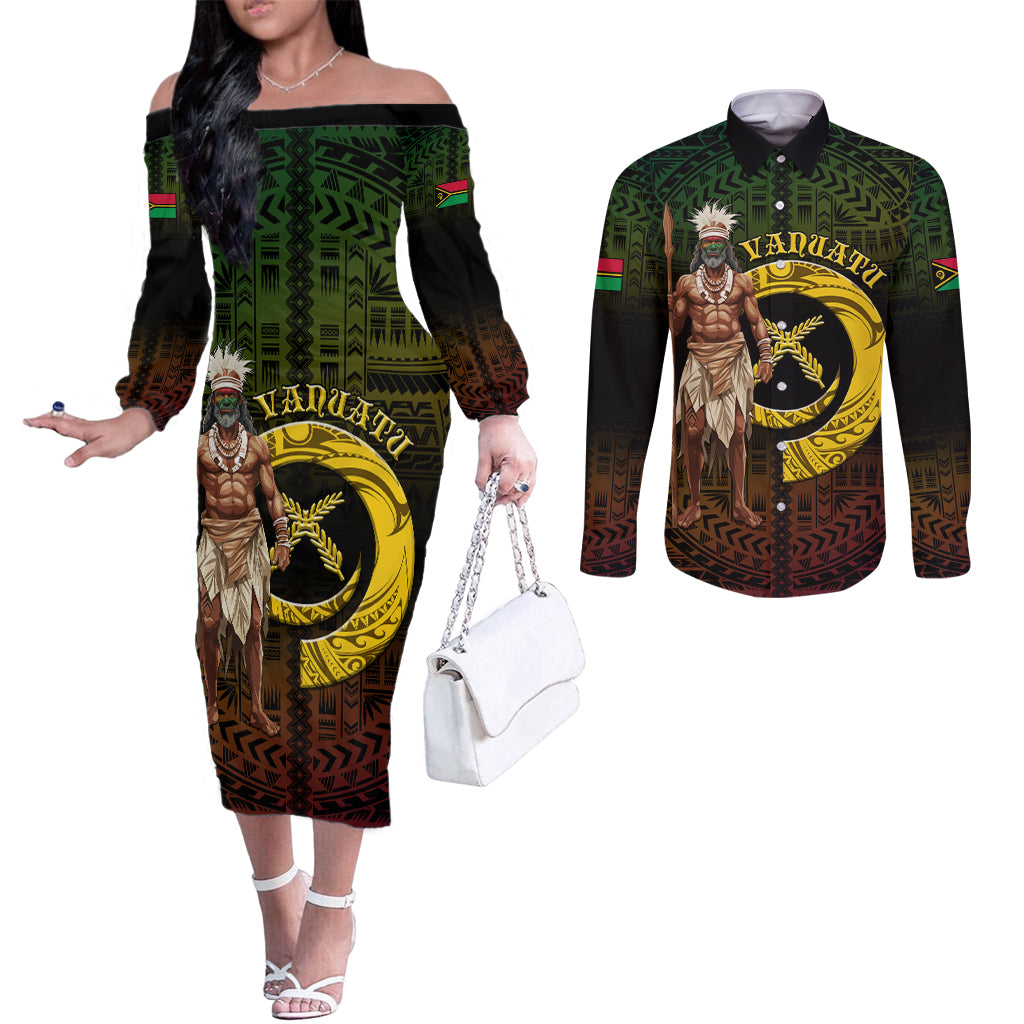 Personalised Vanuatu Custom Chiefs Day Couples Matching Off The Shoulder Long Sleeve Dress and Long Sleeve Button Shirt Pig Tusk Simple Style LT05 Black - Polynesian Pride
