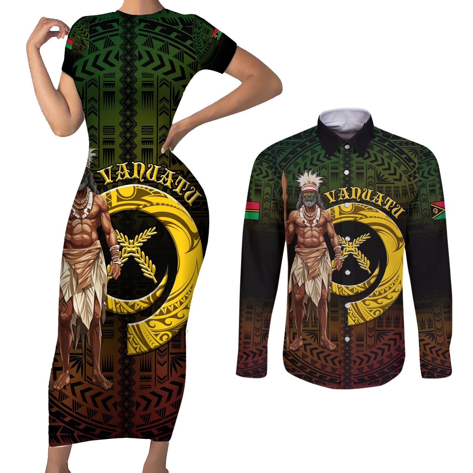 Personalised Vanuatu Custom Chiefs Day Couples Matching Short Sleeve Bodycon Dress and Long Sleeve Button Shirt Pig Tusk Simple Style LT05 Black - Polynesian Pride