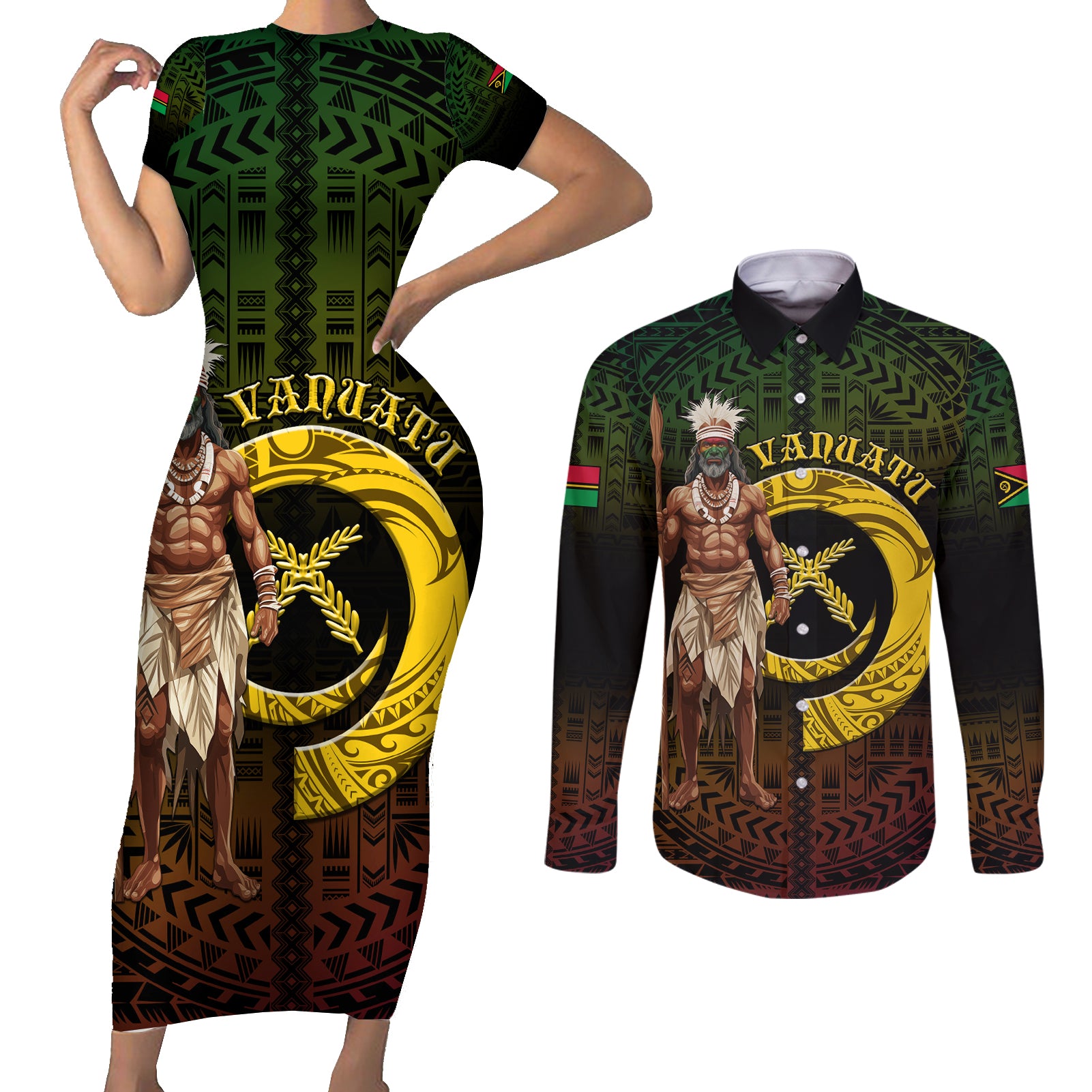 Personalised Vanuatu Custom Chiefs Day Couples Matching Short Sleeve Bodycon Dress and Long Sleeve Button Shirt Pig Tusk Simple Style LT05 Black - Polynesian Pride