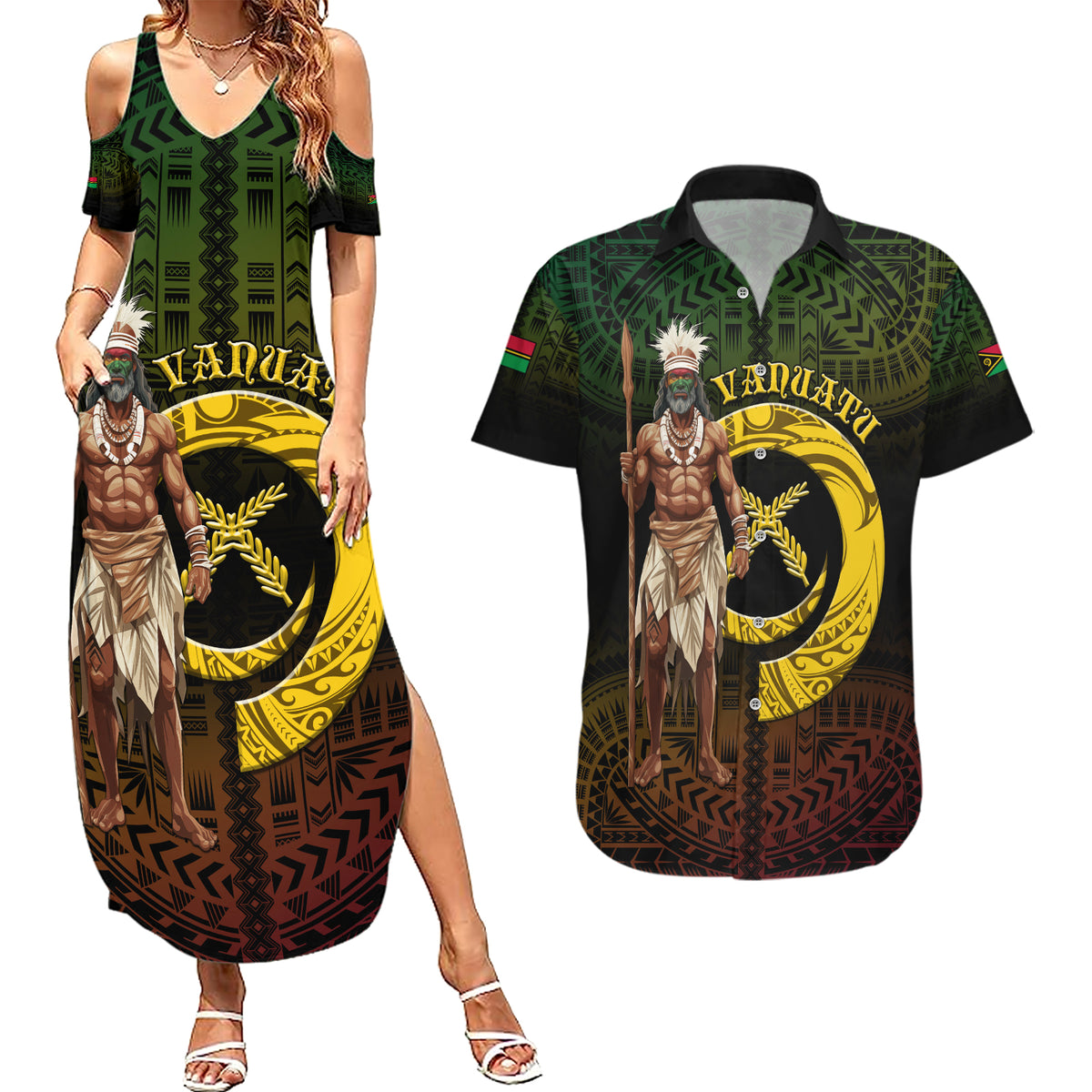 Personalised Vanuatu Custom Chiefs Day Couples Matching Summer Maxi Dress and Hawaiian Shirt Pig Tusk Simple Style LT05 Black - Polynesian Pride