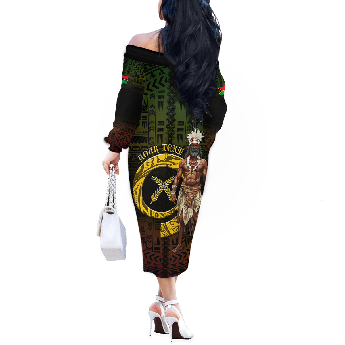 Personalised Vanuatu Custom Chiefs Day Off The Shoulder Long Sleeve Dress Pig Tusk Simple Style LT05 - Polynesian Pride