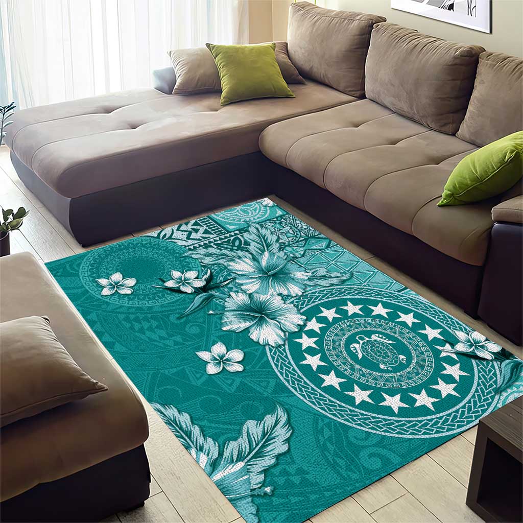 Cook Islands Area Rug Teal Hibiscus And Stars