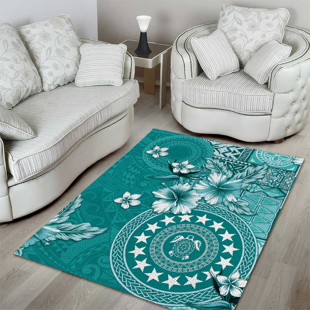 Cook Islands Area Rug Teal Hibiscus And Stars