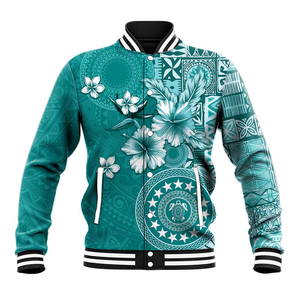 Cook Islands Baseball Jacket Teal Hibiscus And Stars