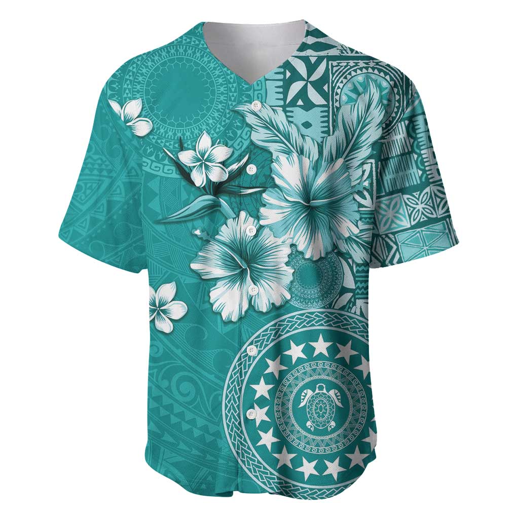 Cook Islands Baseball Jersey Teal Hibiscus And Stars