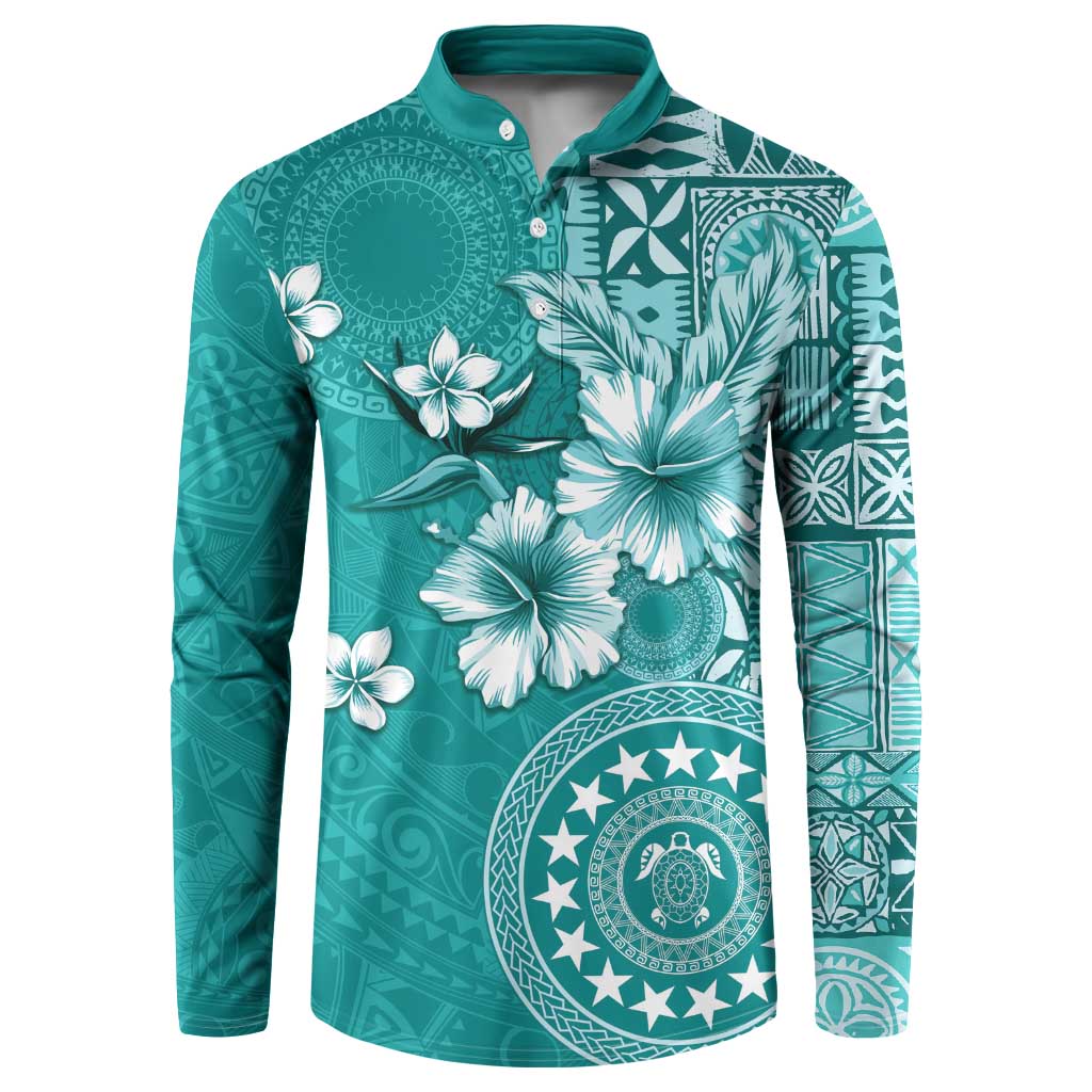 Cook Islands Button Sweatshirt Teal Hibiscus And Stars