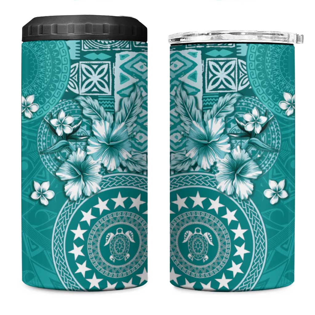 Cook Islands 4 in 1 Can Cooler Tumbler Teal Hibiscus And Stars