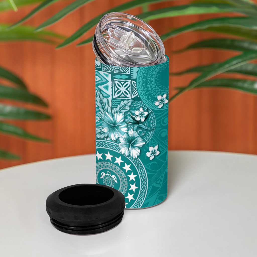 Cook Islands 4 in 1 Can Cooler Tumbler Teal Hibiscus And Stars