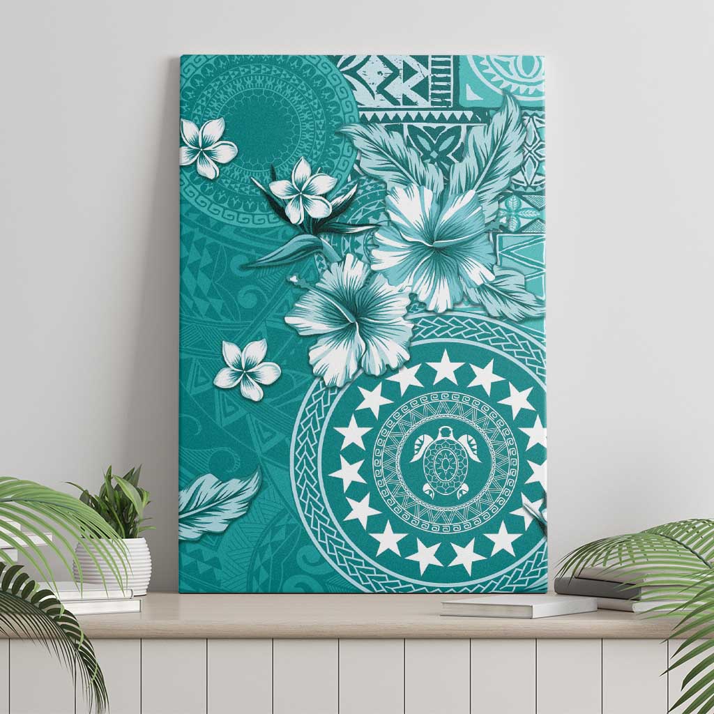 Cook Islands Canvas Wall Art Teal Hibiscus And Stars