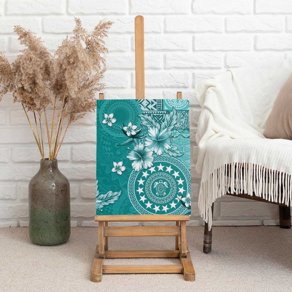 Cook Islands Canvas Wall Art Teal Hibiscus And Stars