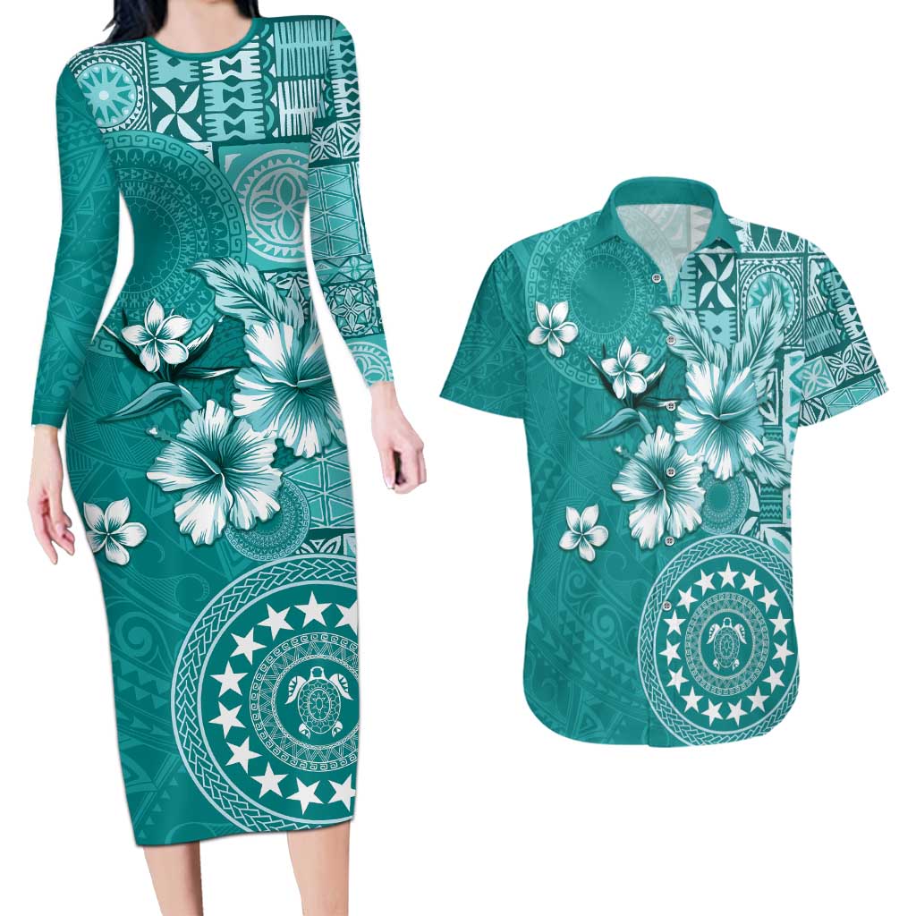 Cook Islands Couples Matching Long Sleeve Bodycon Dress and Hawaiian Shirt Teal Hibiscus And Stars