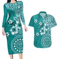 Cook Islands Couples Matching Long Sleeve Bodycon Dress and Hawaiian Shirt Teal Hibiscus And Stars