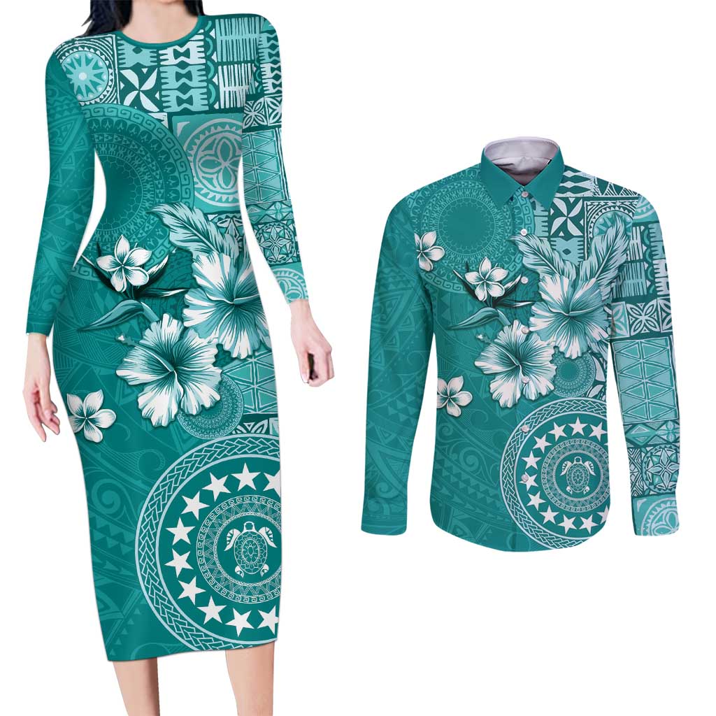 Cook Islands Couples Matching Long Sleeve Bodycon Dress and Long Sleeve Button Shirt Teal Hibiscus And Stars