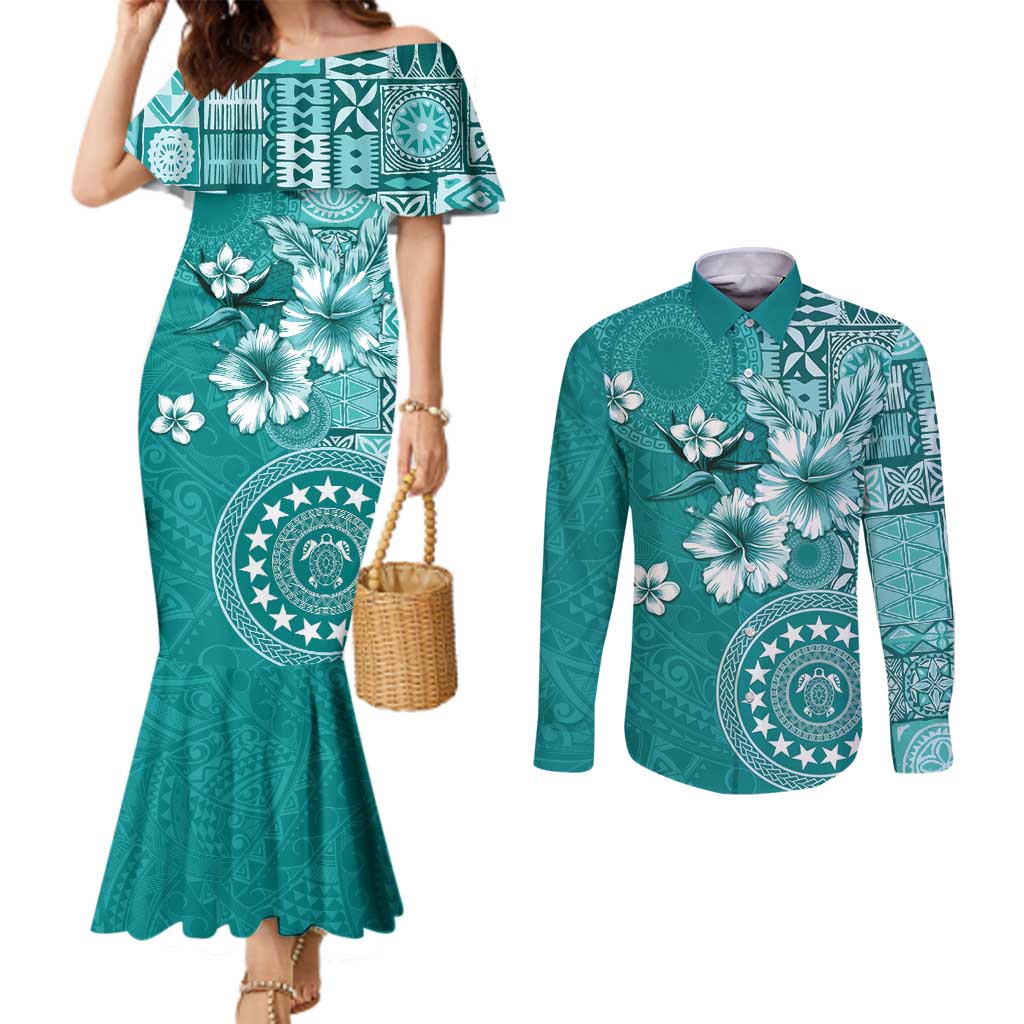 Cook Islands Couples Matching Mermaid Dress and Long Sleeve Button Shirt Teal Hibiscus And Stars