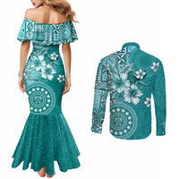 Cook Islands Couples Matching Mermaid Dress and Long Sleeve Button Shirt Teal Hibiscus And Stars