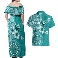 Cook Islands Couples Matching Off Shoulder Maxi Dress and Hawaiian Shirt Teal Hibiscus And Stars