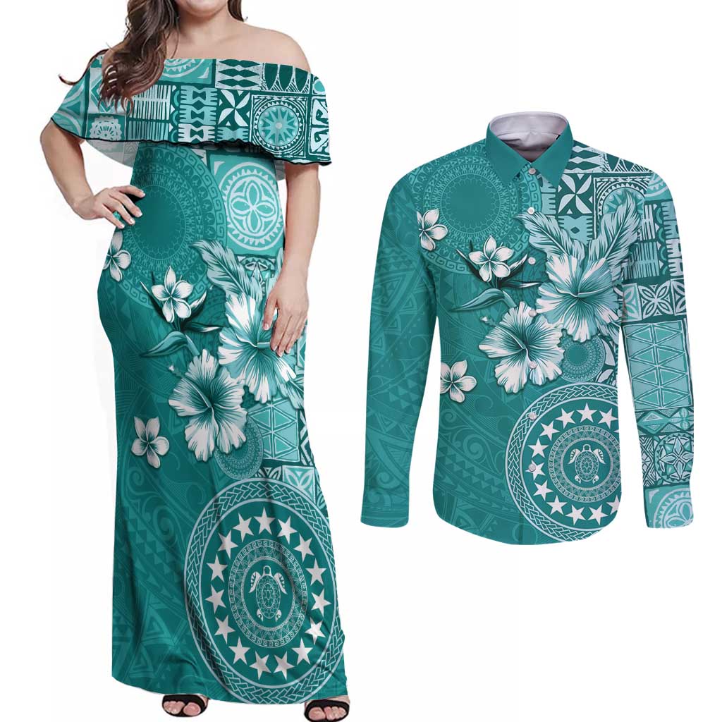 Cook Islands Couples Matching Off Shoulder Maxi Dress and Long Sleeve Button Shirt Teal Hibiscus And Stars