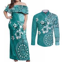 Cook Islands Couples Matching Off Shoulder Maxi Dress and Long Sleeve Button Shirt Teal Hibiscus And Stars